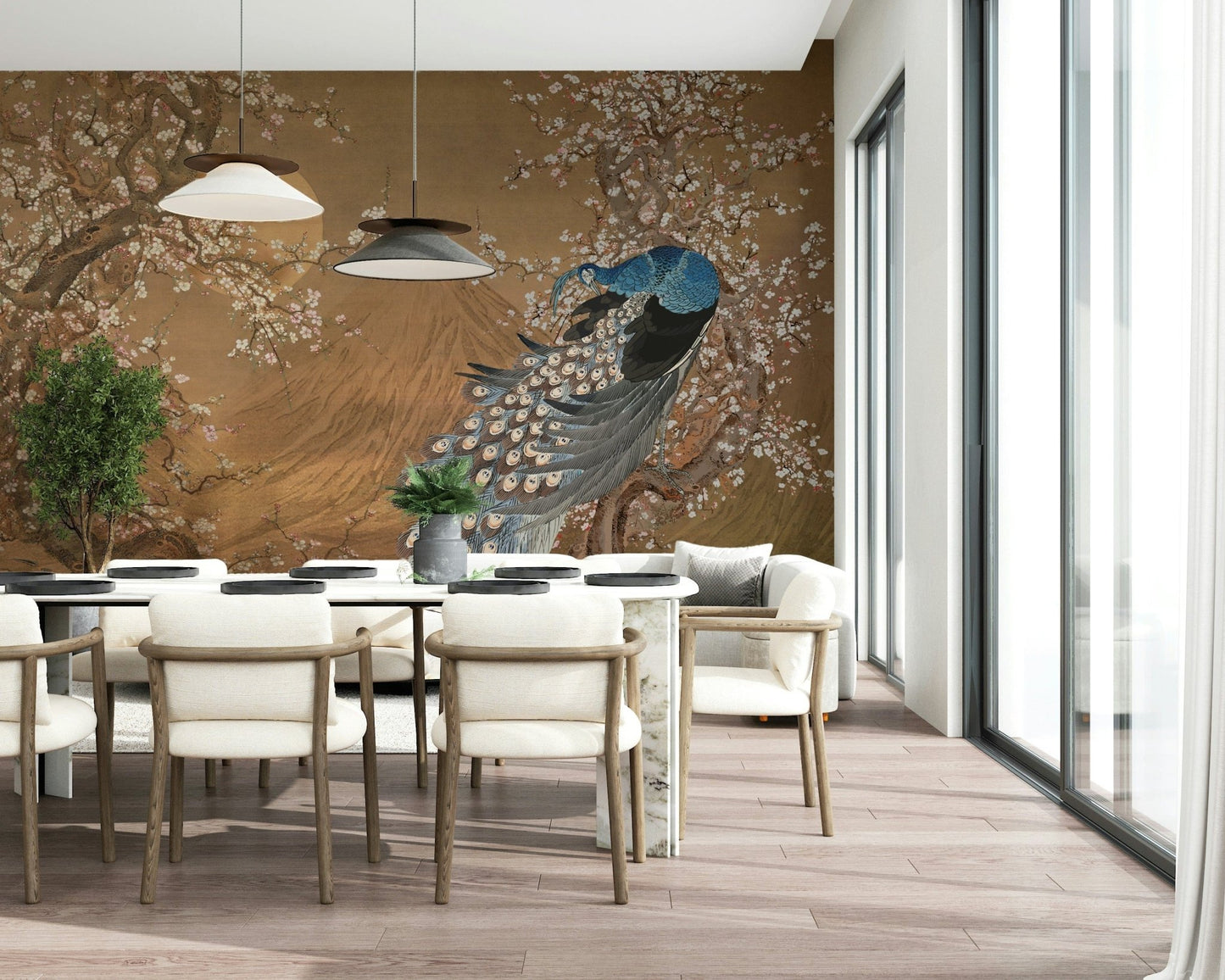 Peacock's Paradise Wall Mural in a luxury living room with teal accents wallpaper.
