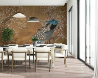 Peacock's Paradise Wall Mural in a luxury living room with teal accents wallpaper.