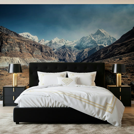 Peaks of Tranquility wall mural showing snowy summits above a wide valley GD7373