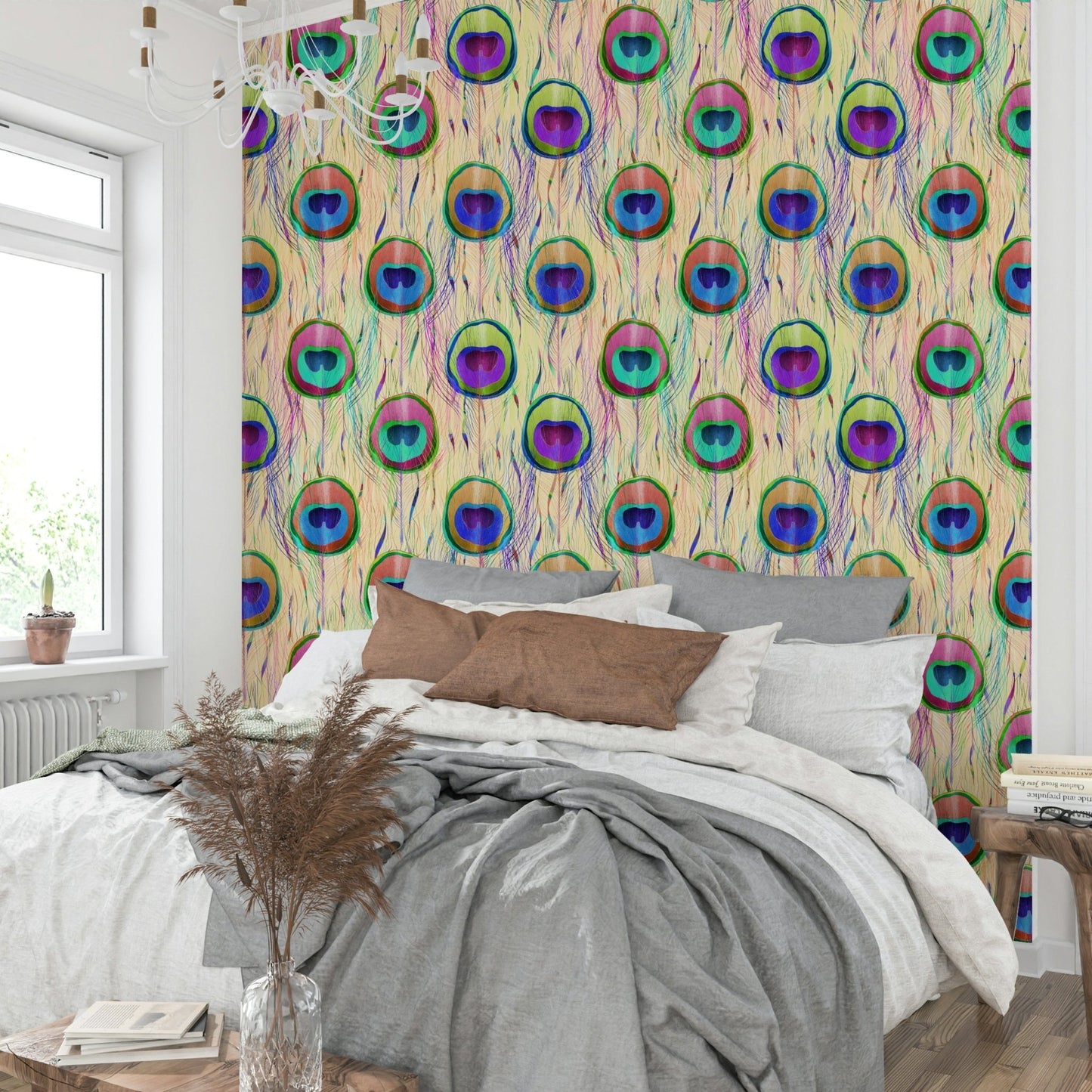 Pearl Bohemian Peacock Feathers  Wallpaper⁠