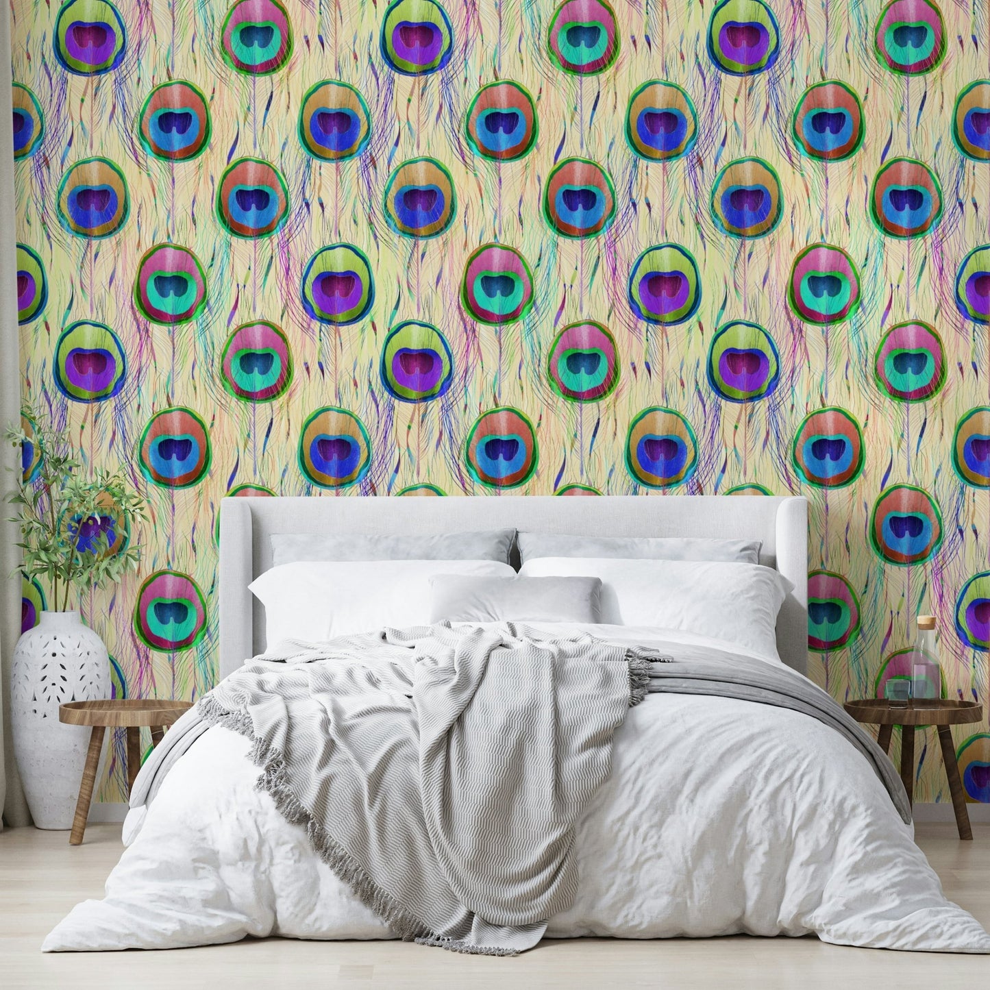 Pearl Bohemian Peacock Feathers  Wallpaper⁠