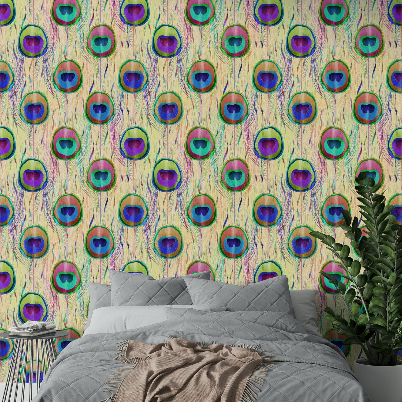 Pearl Bohemian Peacock Feathers  Wallpaper⁠