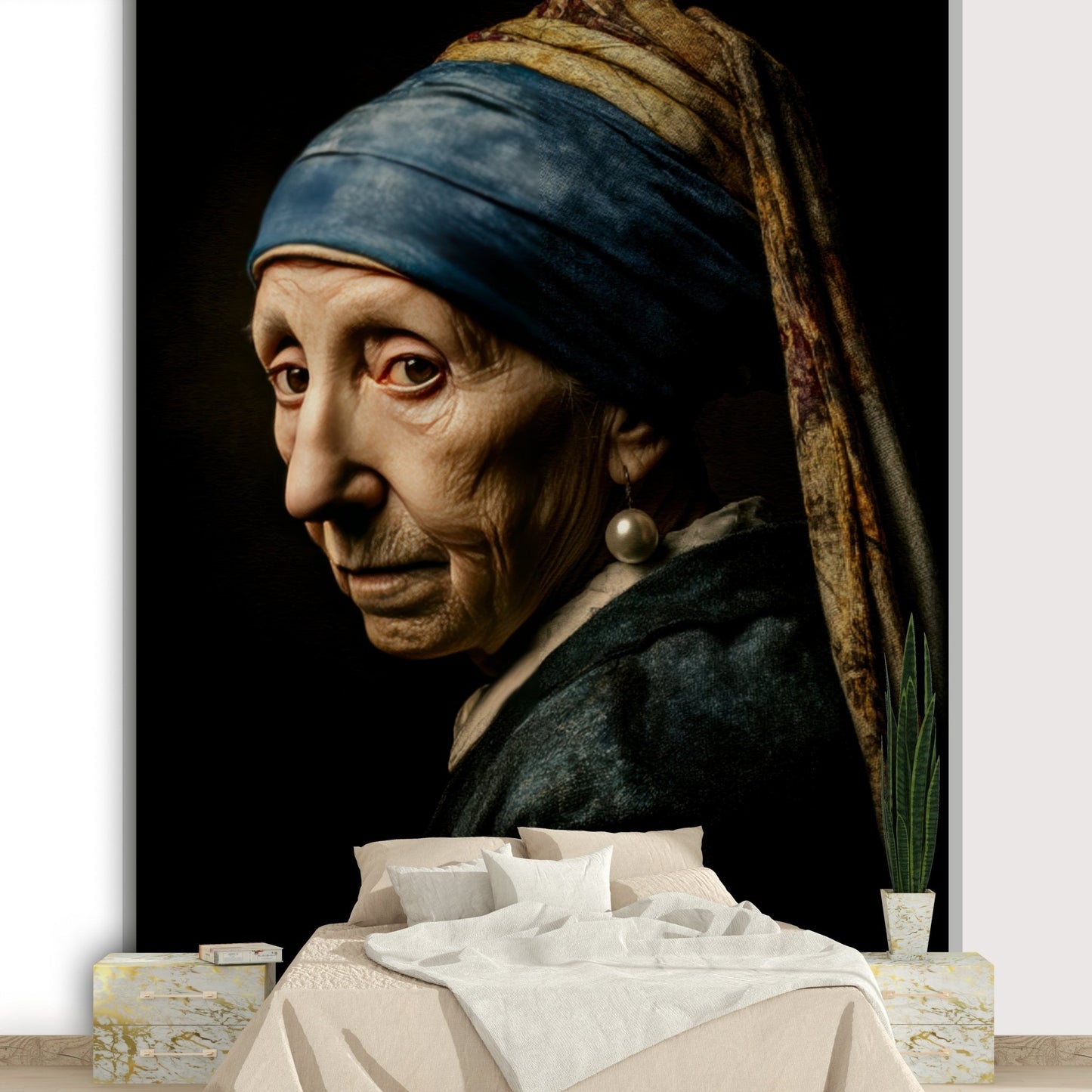 Close-up of bold reinterpretation of a classic female portrait

