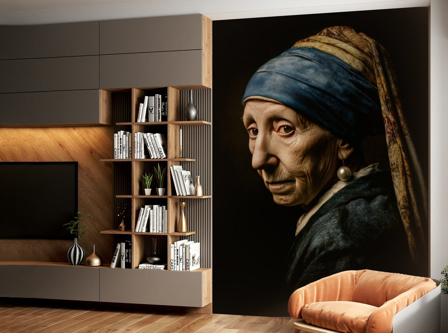 Artistic mural blending vintage portrait with modern style

