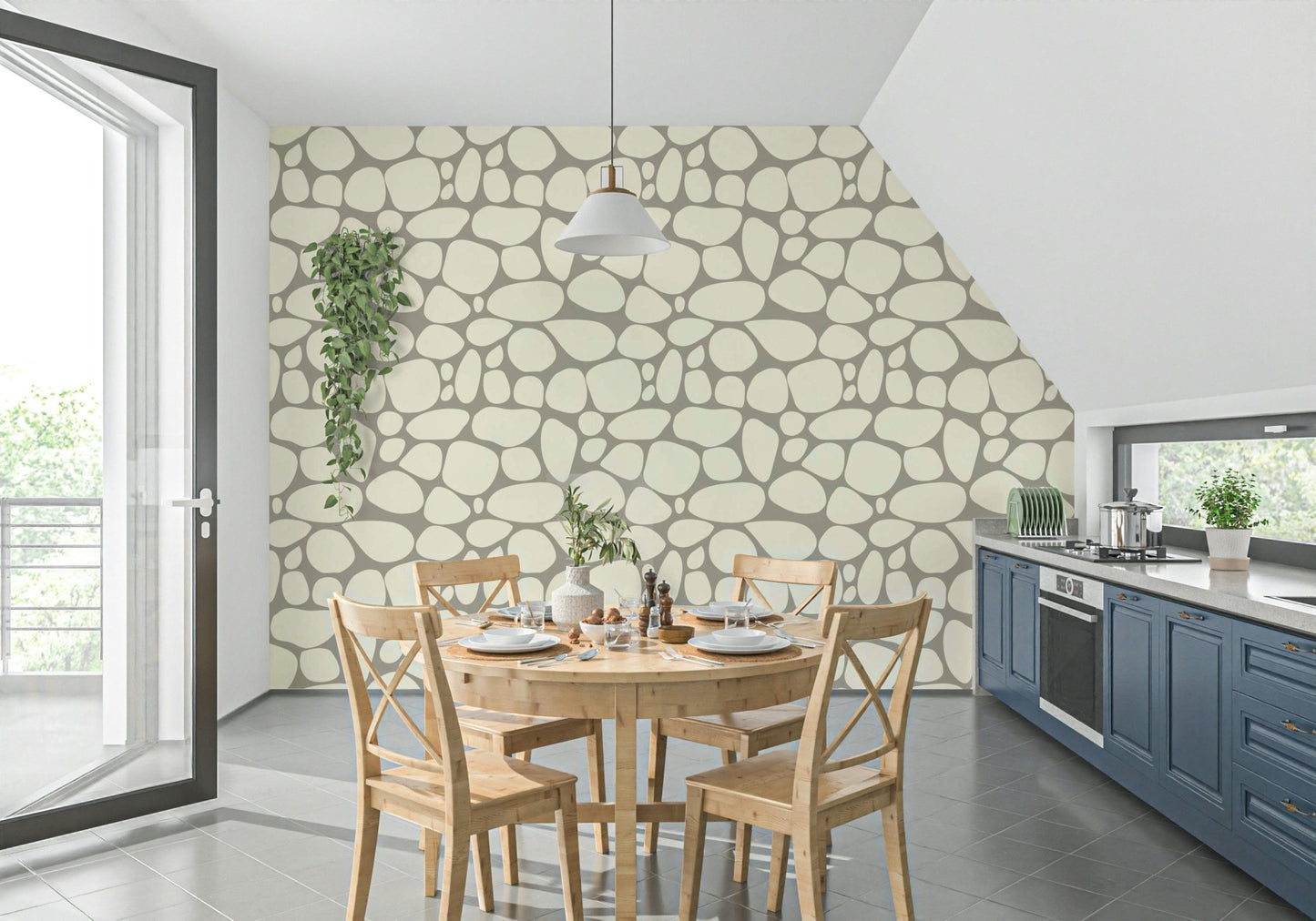 Pebble Beach wall mural abstract stone pattern beige and cream.