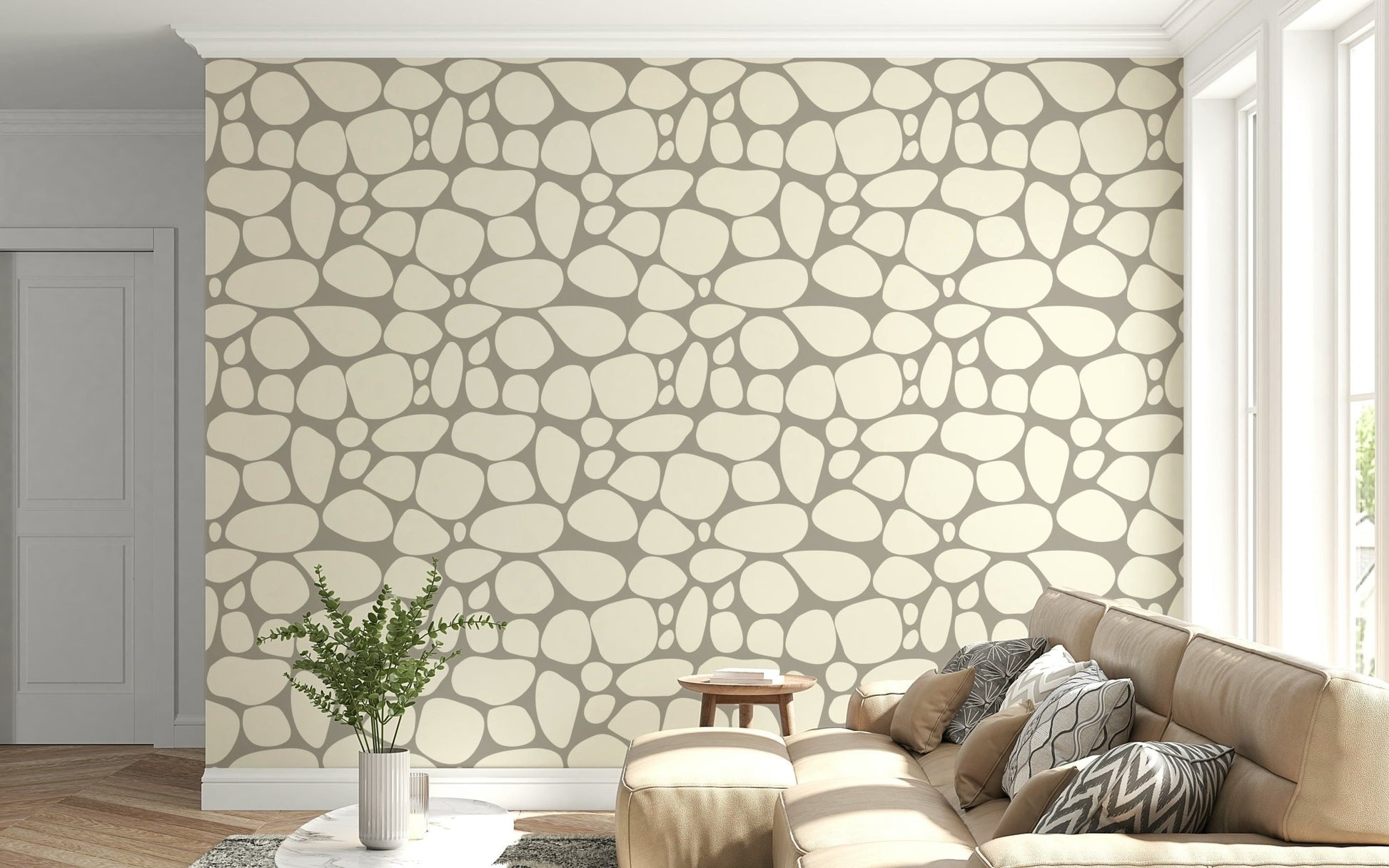 Natural Pebble Beach wallpaper irregular organic shape design.
