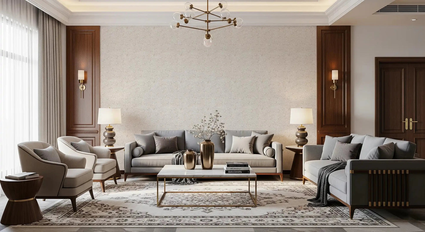 lounge area covered in the light beige pebble wallpaper from top to bottom
⁠GD9502