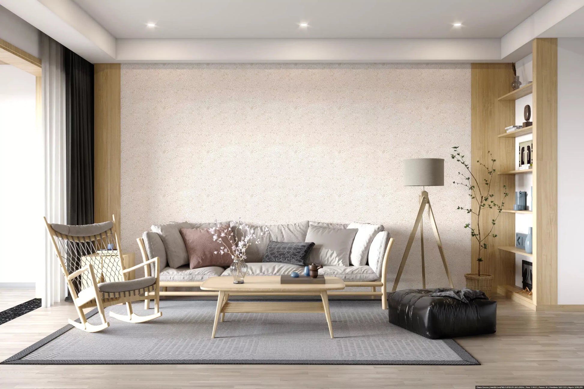 Living room shows the Pebble Dust Abstract wallpaper across one full GD9502
