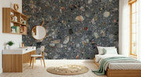 Pebble Stone wall covering, textured grey backdrop with quartz.