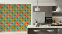 Quirky peel and stick wallpaper featuring Peekaboo Retro Eyes Checkerboard Mustard Cream pattern.