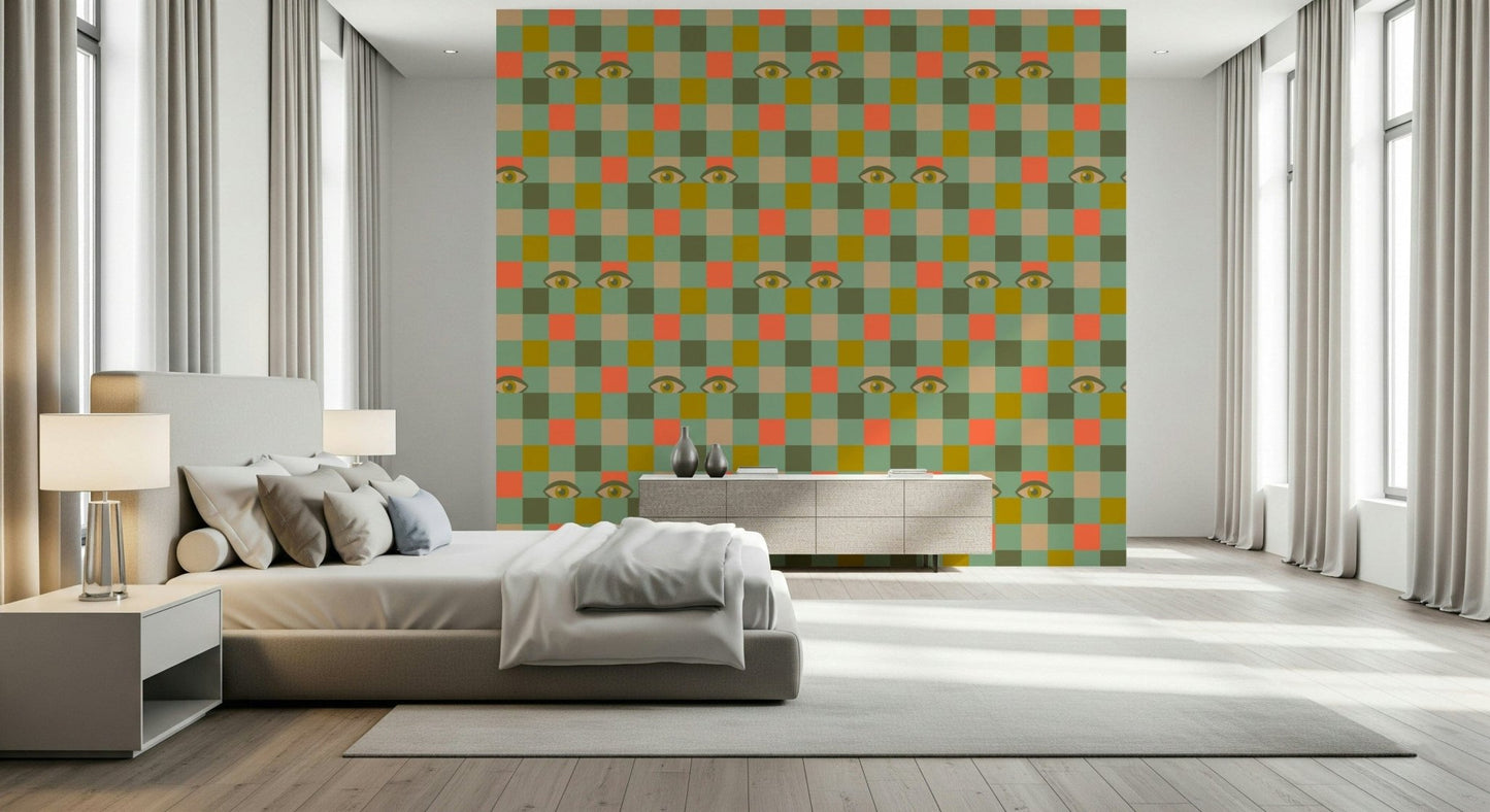 Graphic print wall mural Peekaboo Retro Eyes Checkerboard Olive Coral Mint Green style.