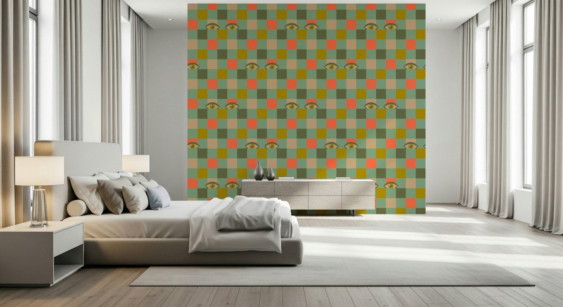 Graphic print wall mural Peekaboo Retro Eyes Checkerboard Olive Coral Mint Green style.