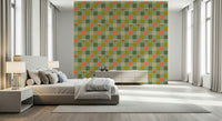 Graphic print wall mural Peekaboo Retro Eyes Checkerboard Olive Coral Mint Green style.