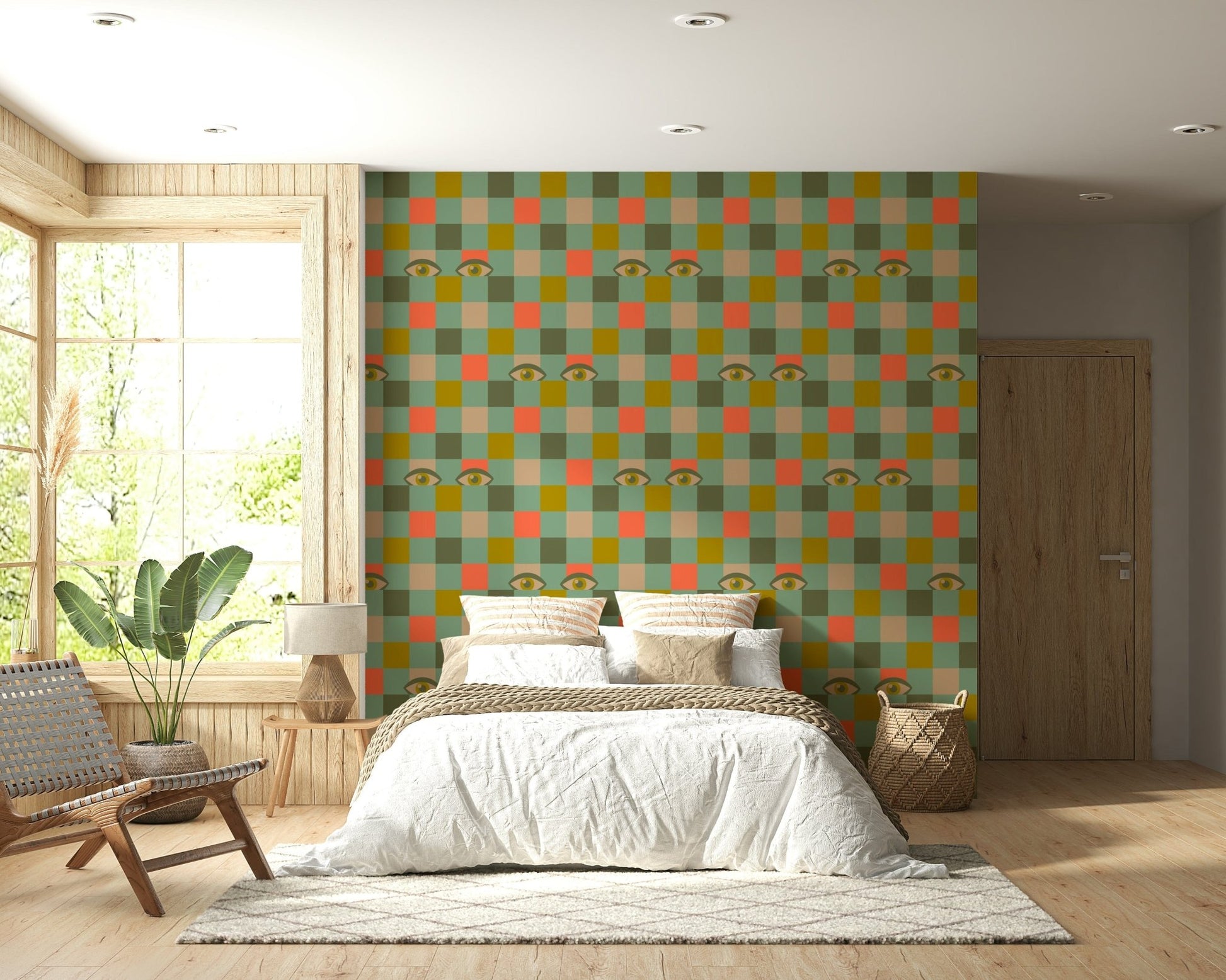 Mid-century modern wall mural displaying Peekaboo Retro Eyes Checkerboard Mustard Cream motif.