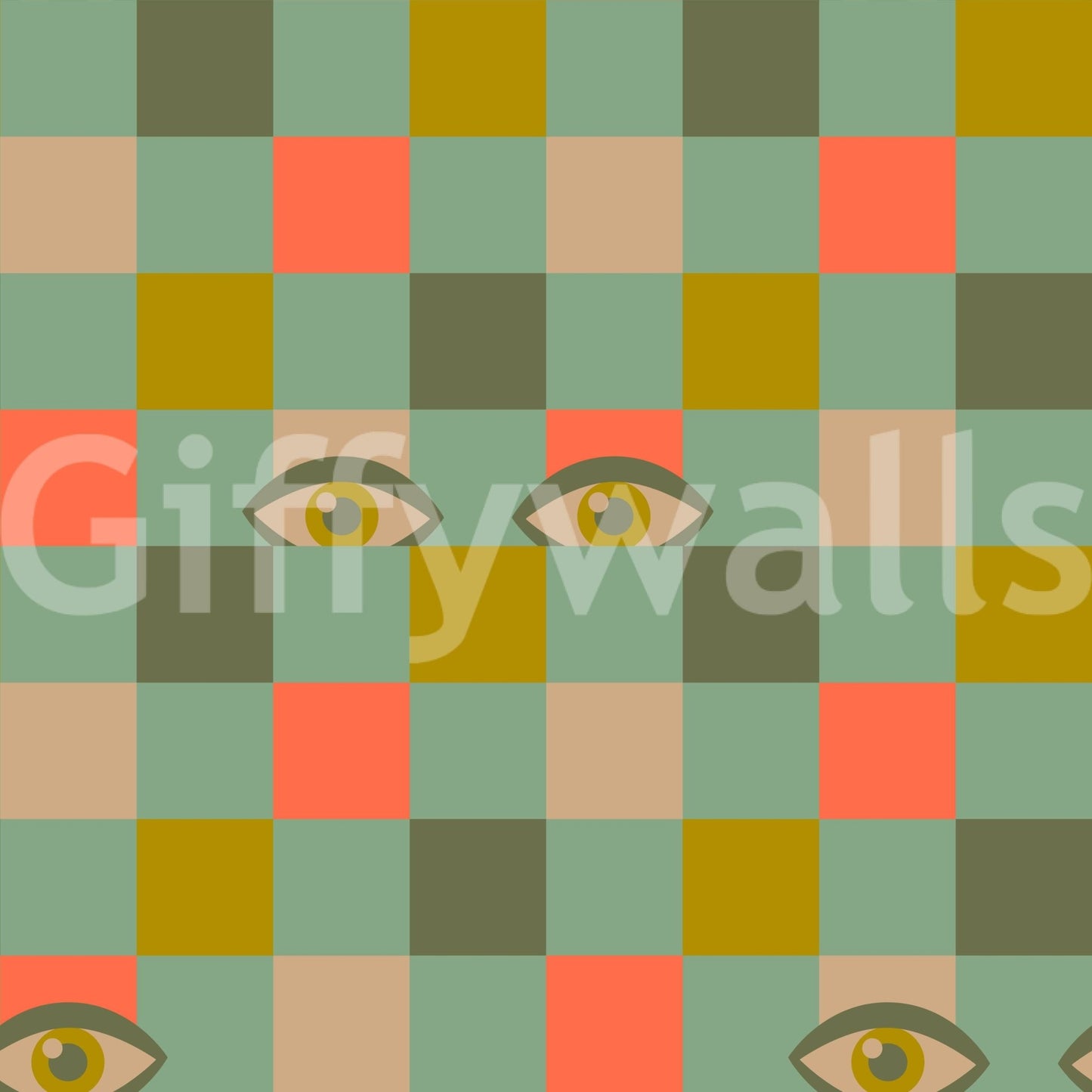 Hipster aesthetic wall mural Peekaboo Retro Eyes Checkerboard Olive Coral Mint Green vibe.