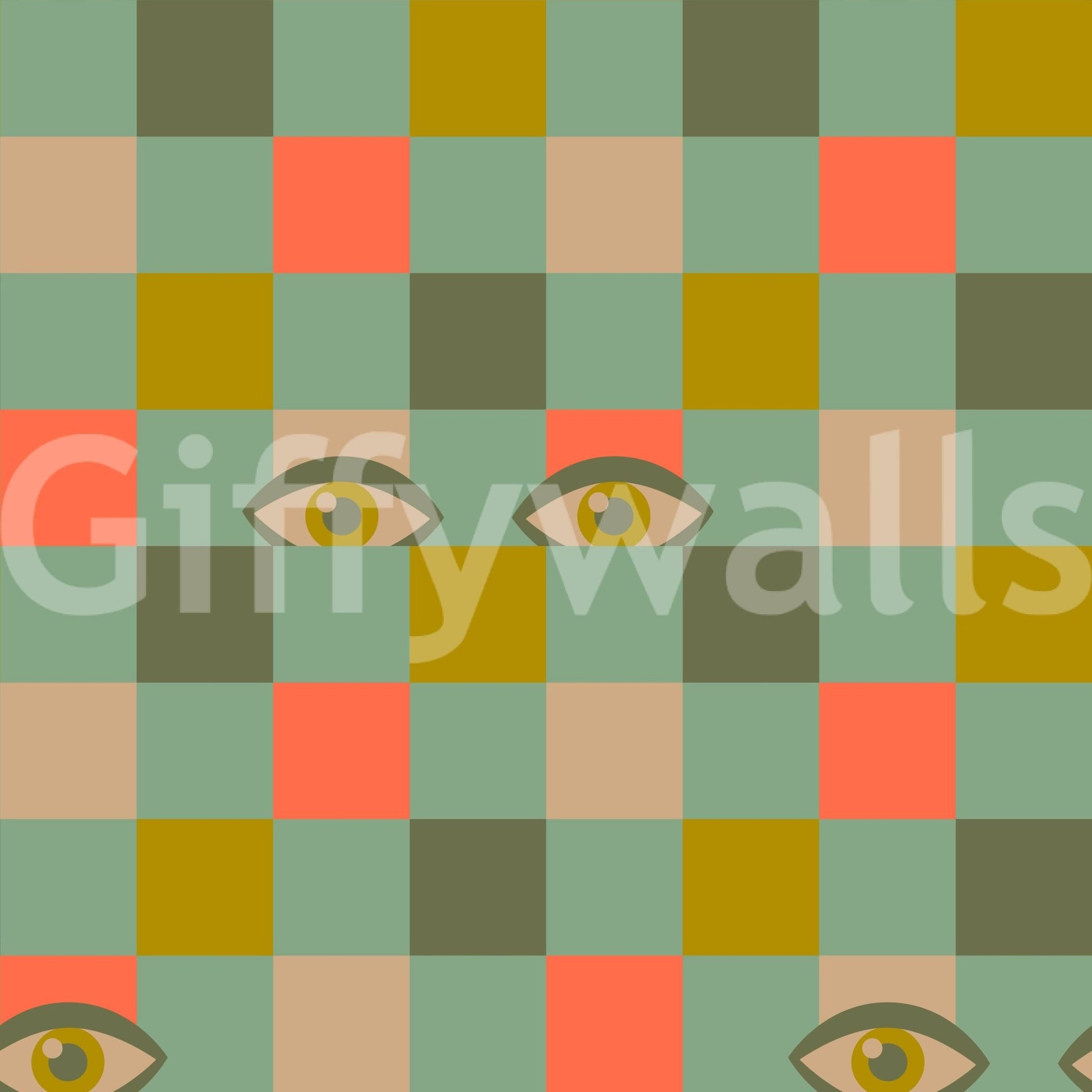 Hipster aesthetic wall mural Peekaboo Retro Eyes Checkerboard Olive Coral Mint Green vibe.