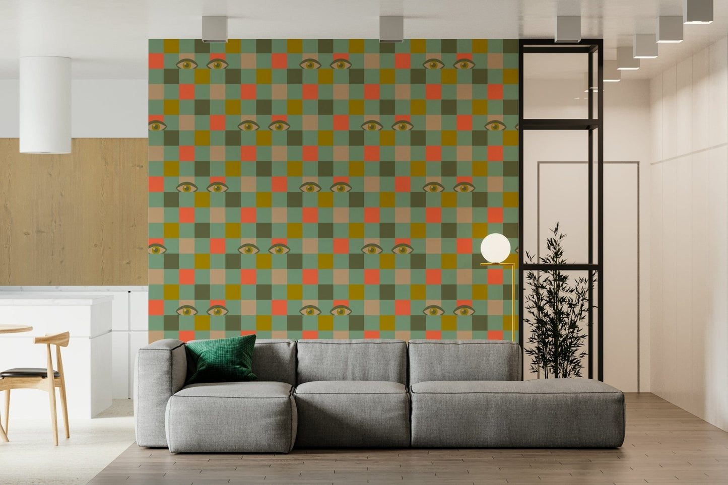 Bold living room wallpaper Peekaboo Retro Eyes Checkerboard Mustard Cream distinct look.