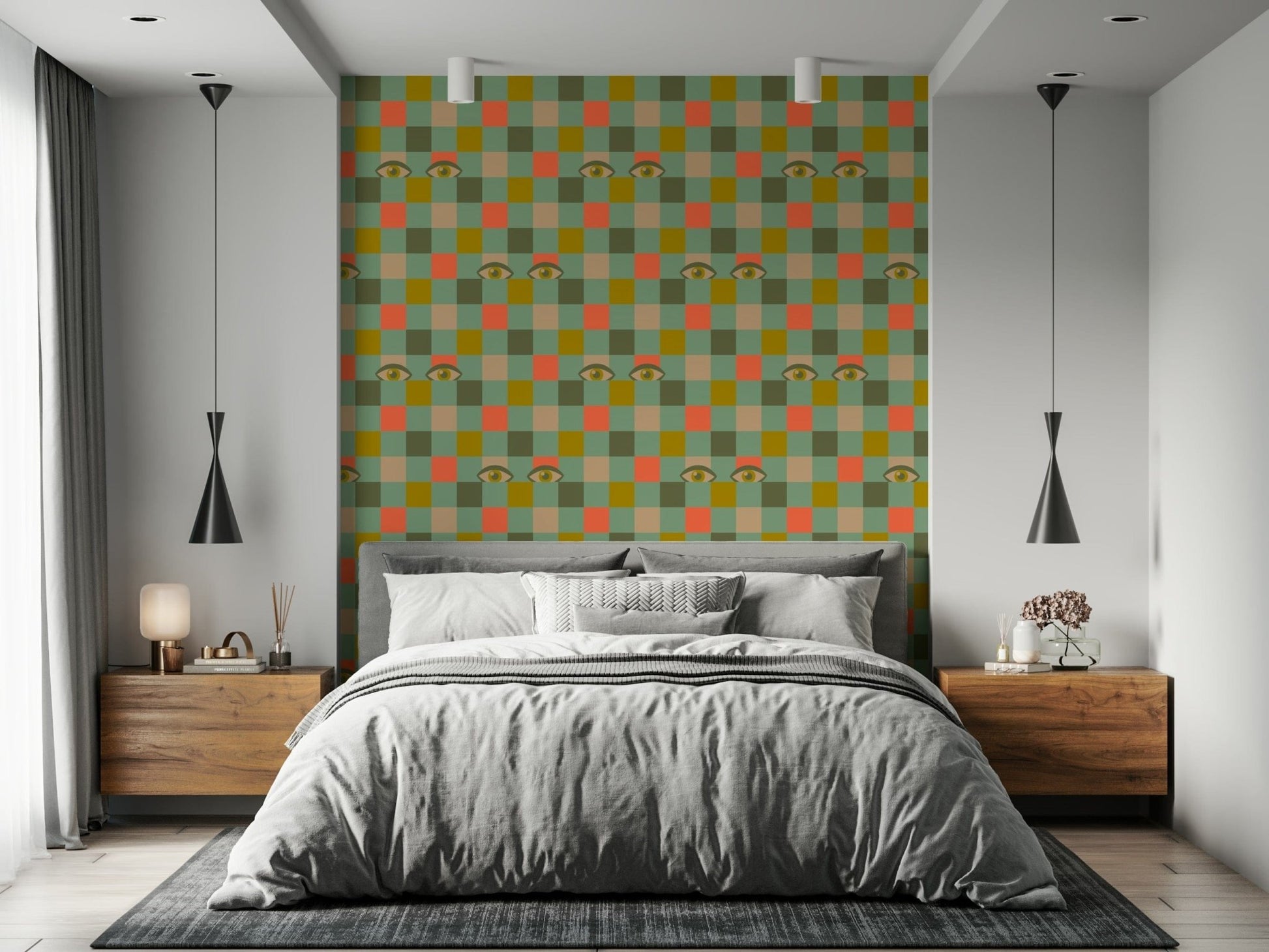 Vintage style wall mural showing Peekaboo Retro Eyes Checkerboard Olive Coral Mint Green art.