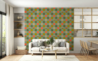 Artistic interior background using Peekaboo Retro Eyes Checkerboard Olive Coral Mint Green wallpaper.