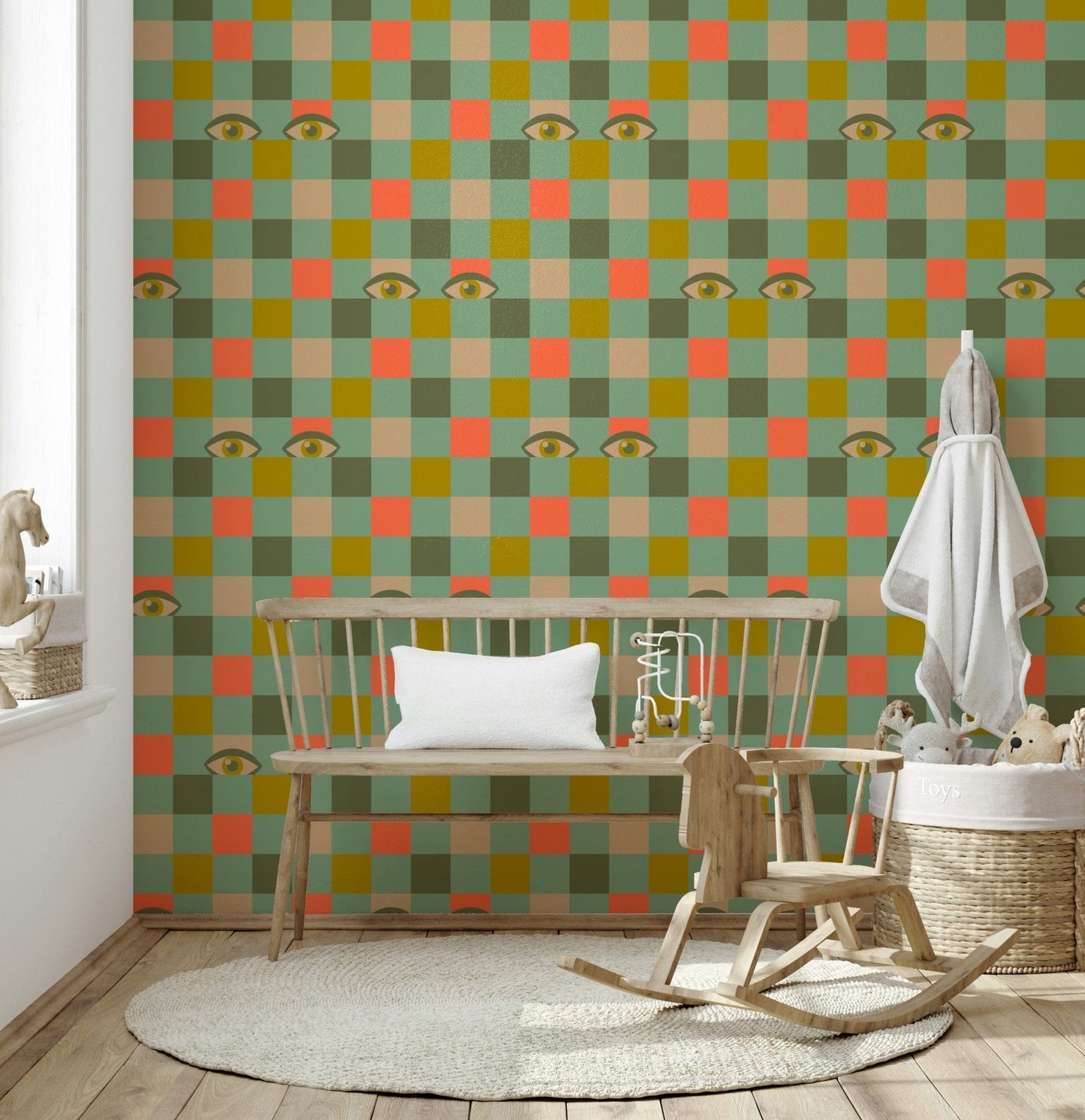 70s inspired wall mural design Peekaboo Retro Eyes Checkerboard Olive Coral Mint Green.