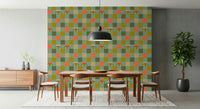 Colorful kitchen wall mural Peekaboo Retro Eyes Checkerboard Olive Coral Mint Green hues.