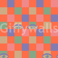 Watchful Peekaboo Retro Eyes Checkerboard Purple Mint wallpaper mural creates intrigue.
