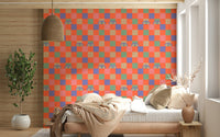 Psychedelic Peekaboo Retro Eyes Checkerboard Coral Orange wall mural for bold walls.