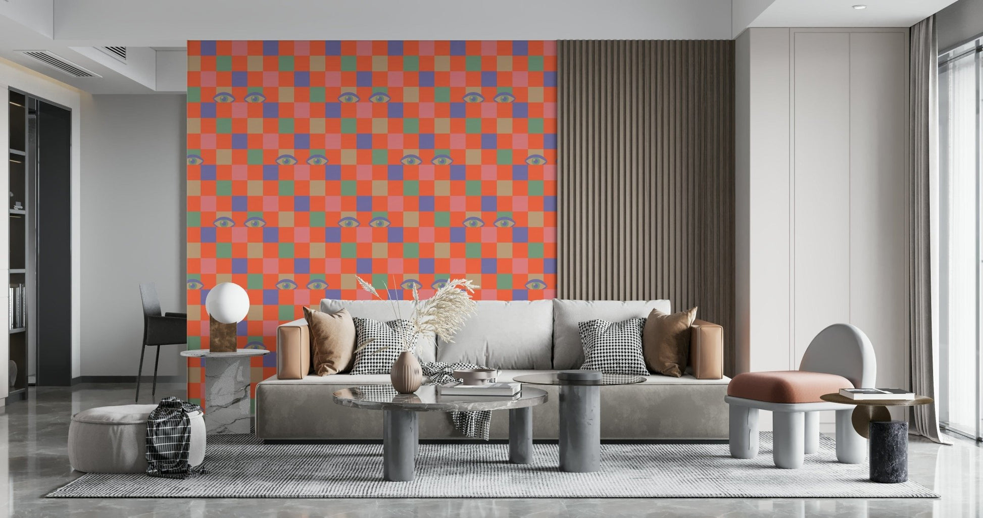 Vintage pop art wallpaper mural displaying Peekaboo Retro Eyes Checkerboard pattern.