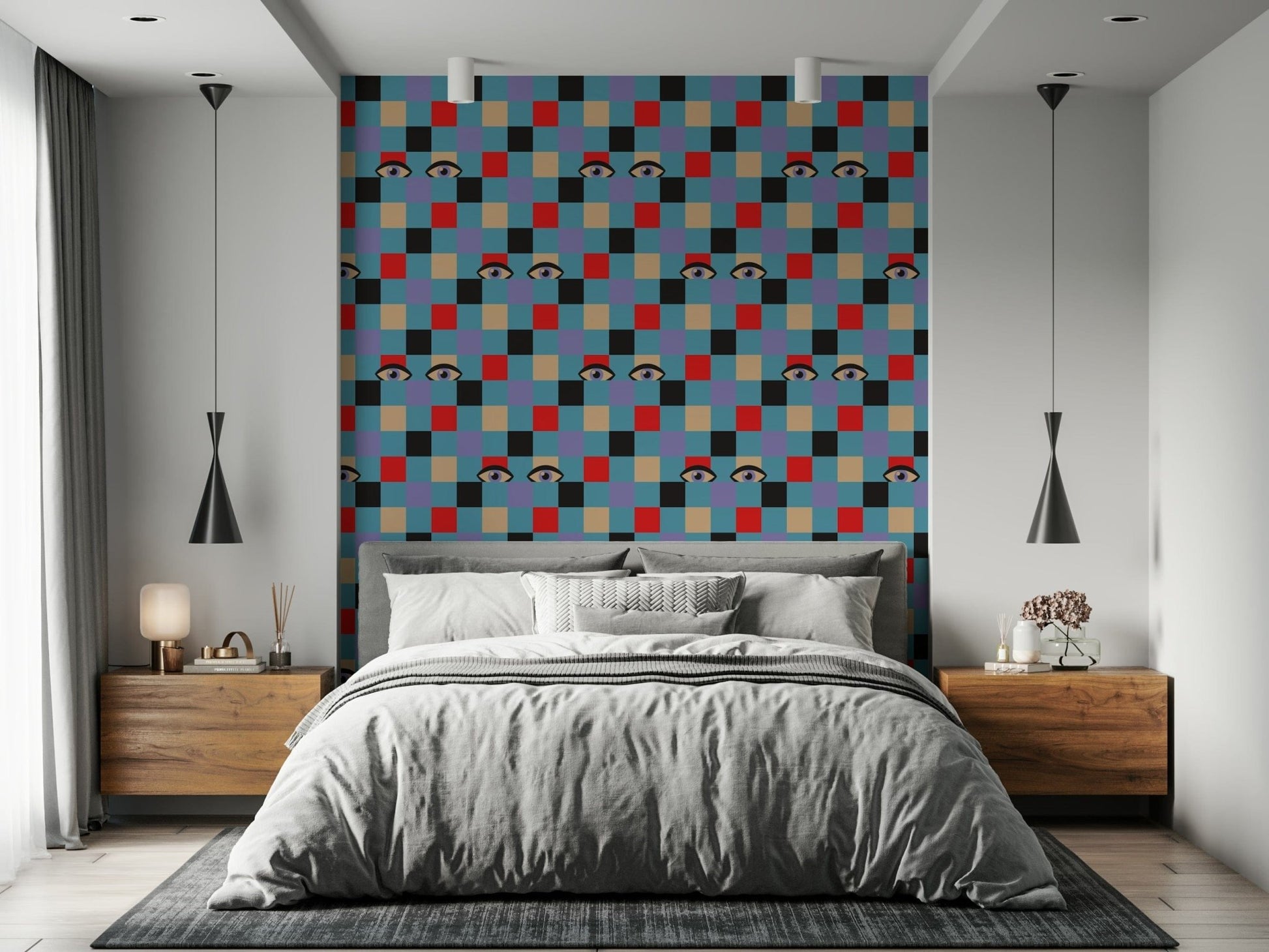 Cool Peekaboo Retro Eyes Checkerboard Black Baby Blue wall mural statement.