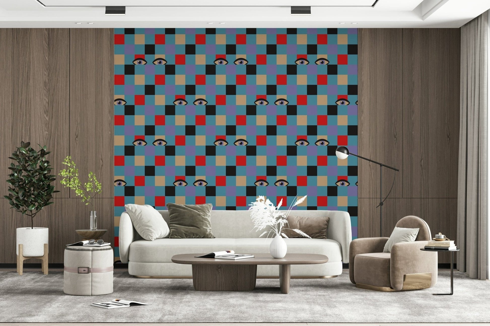 Retro gaze wallpaper with Peekaboo Retro Eyes Checkerboard Red Cream pattern.