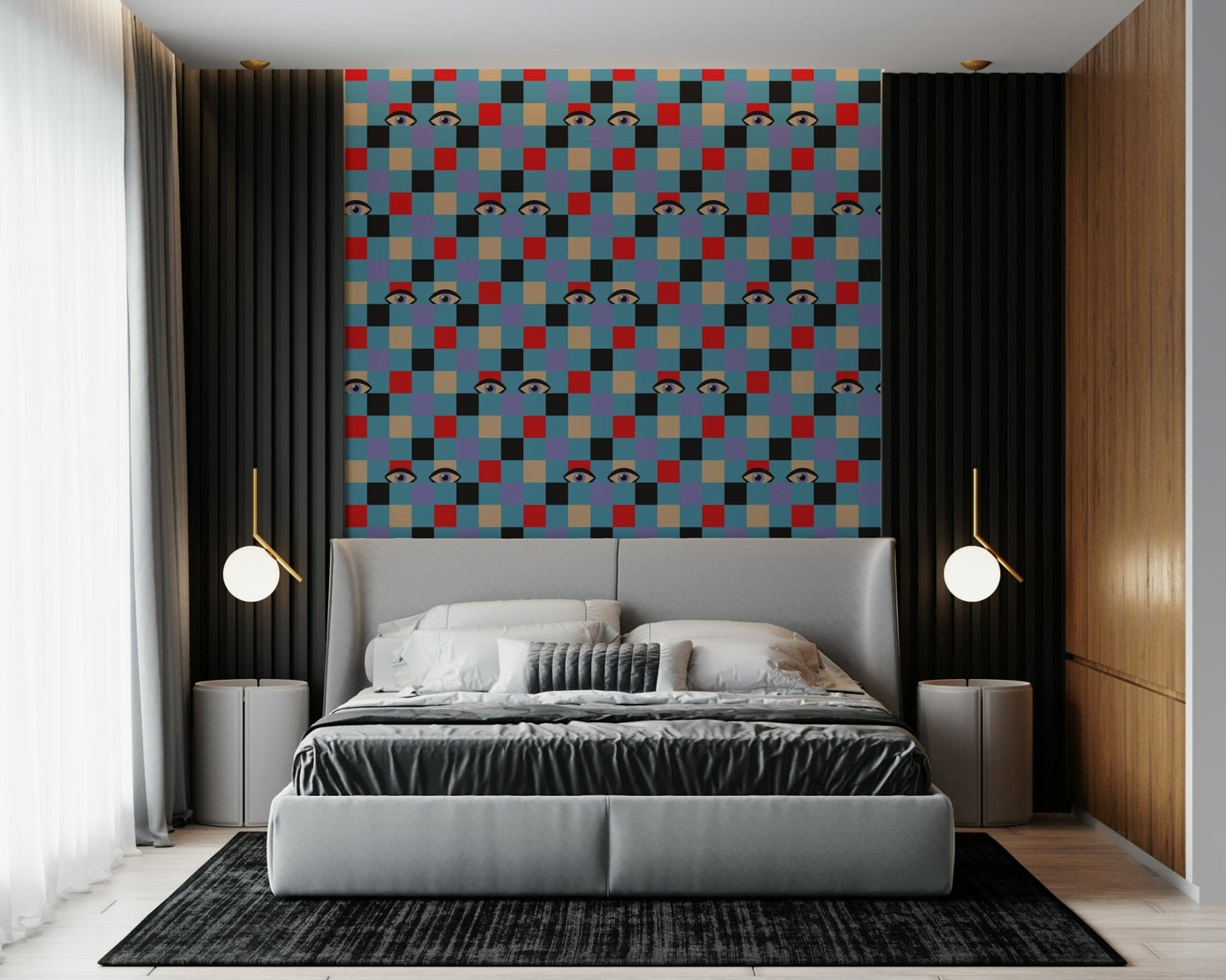 Mod style peel and stick wallpaper showcasing Peekaboo Retro Eyes Black Baby Blue.