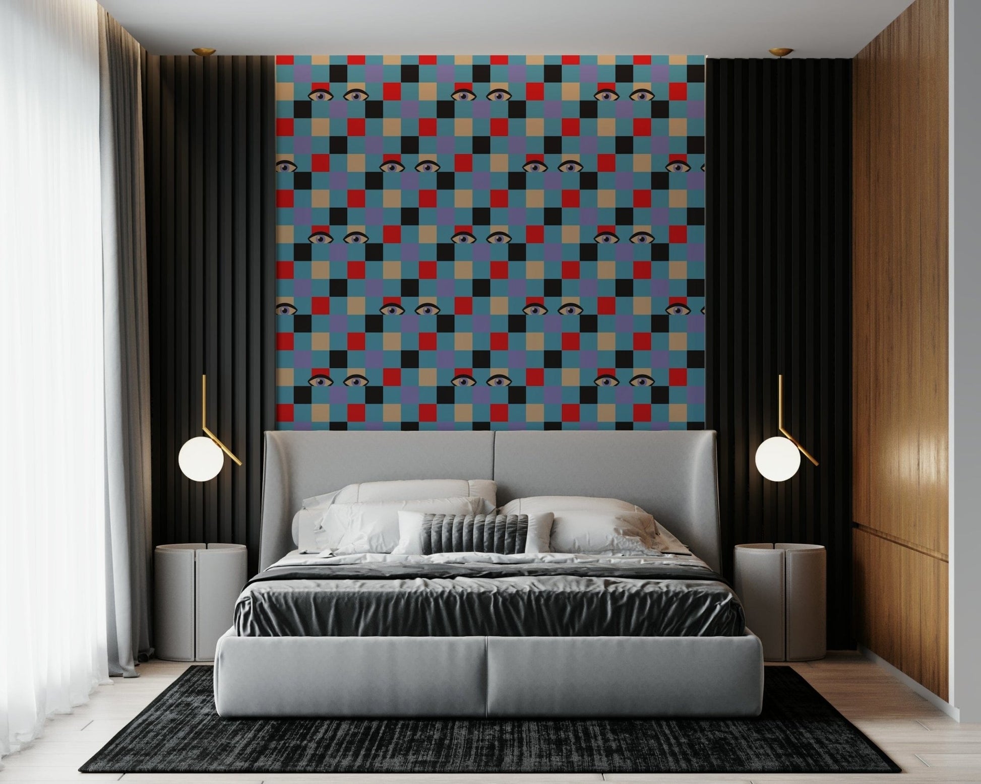 Mod style peel and stick wallpaper showcasing Peekaboo Retro Eyes Black Baby Blue.