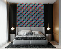 Mod style peel and stick wallpaper showcasing Peekaboo Retro Eyes Black Baby Blue.