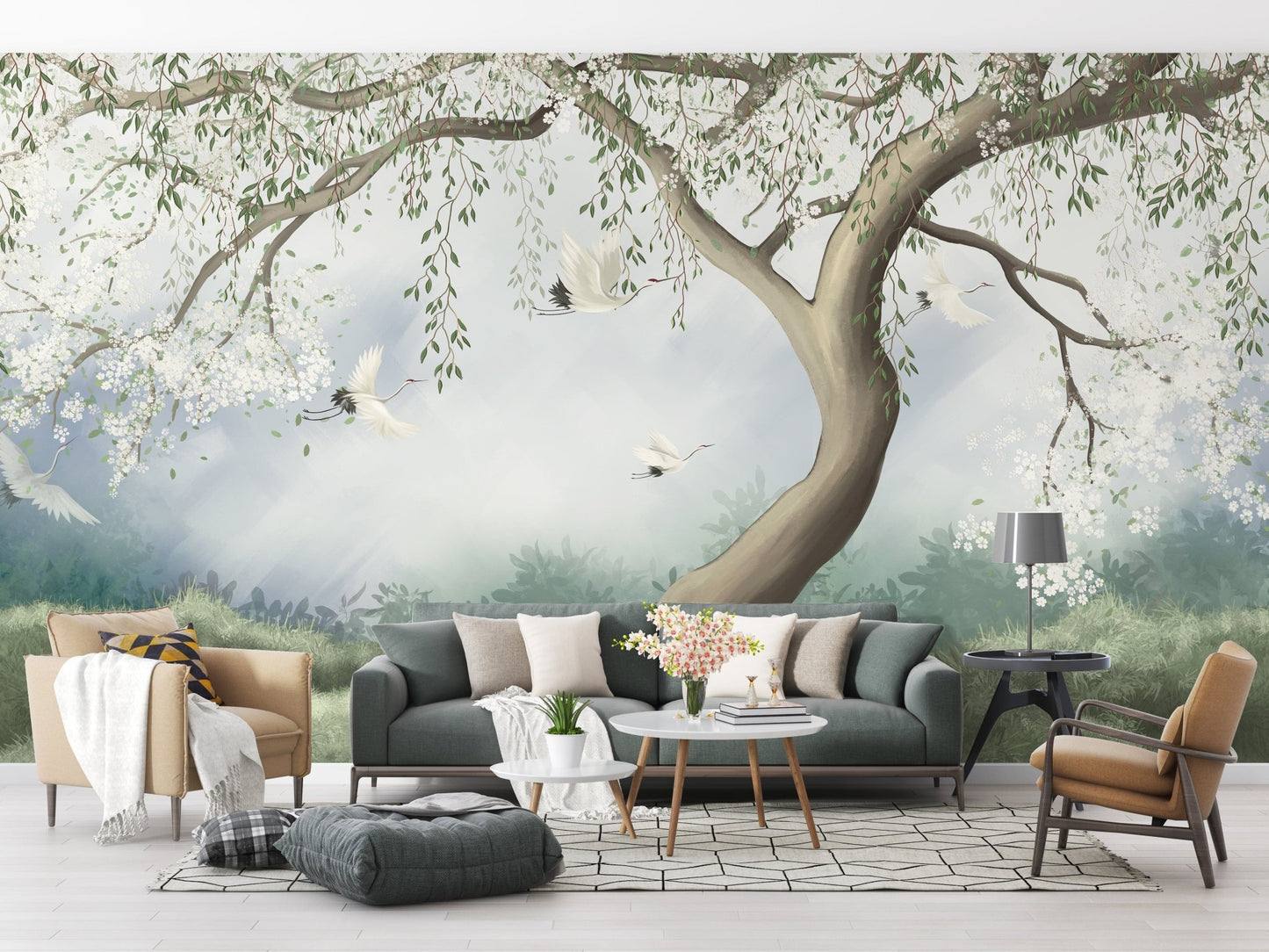 Foggy tree wallpaper for serene interiors
