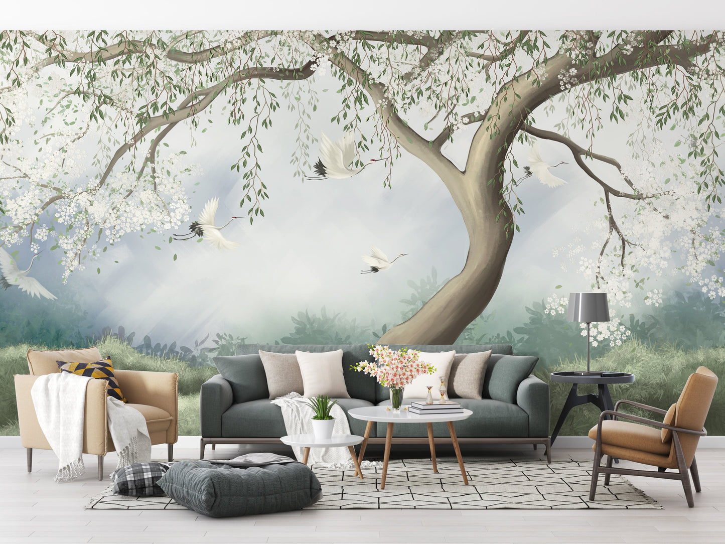 Foggy tree wallpaper for serene interiors
