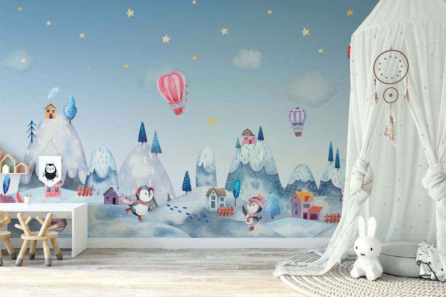 The mural is created for an entire wall, providing an immersive feel.
