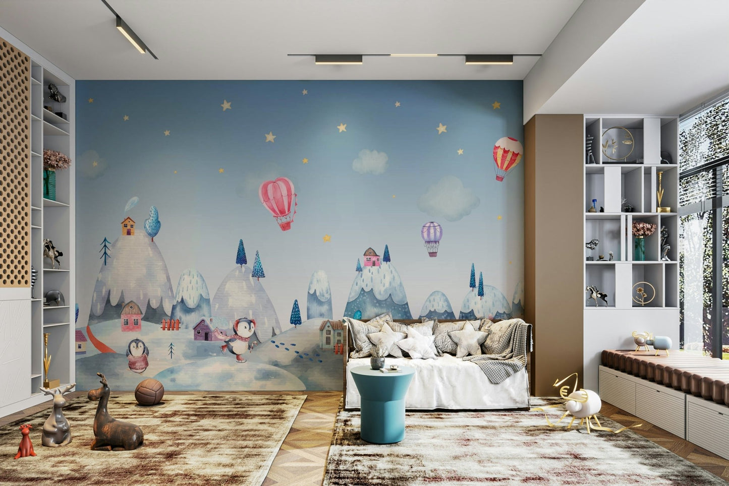 A full-wall mural of a fantastical penguin village.
