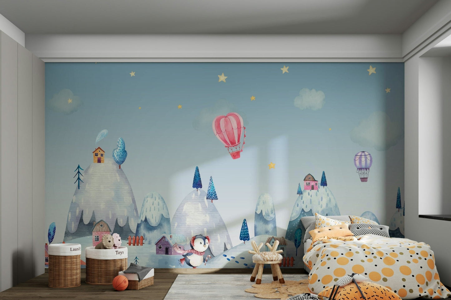 The penguins are depicted in different activities, like sliding or waddling.
