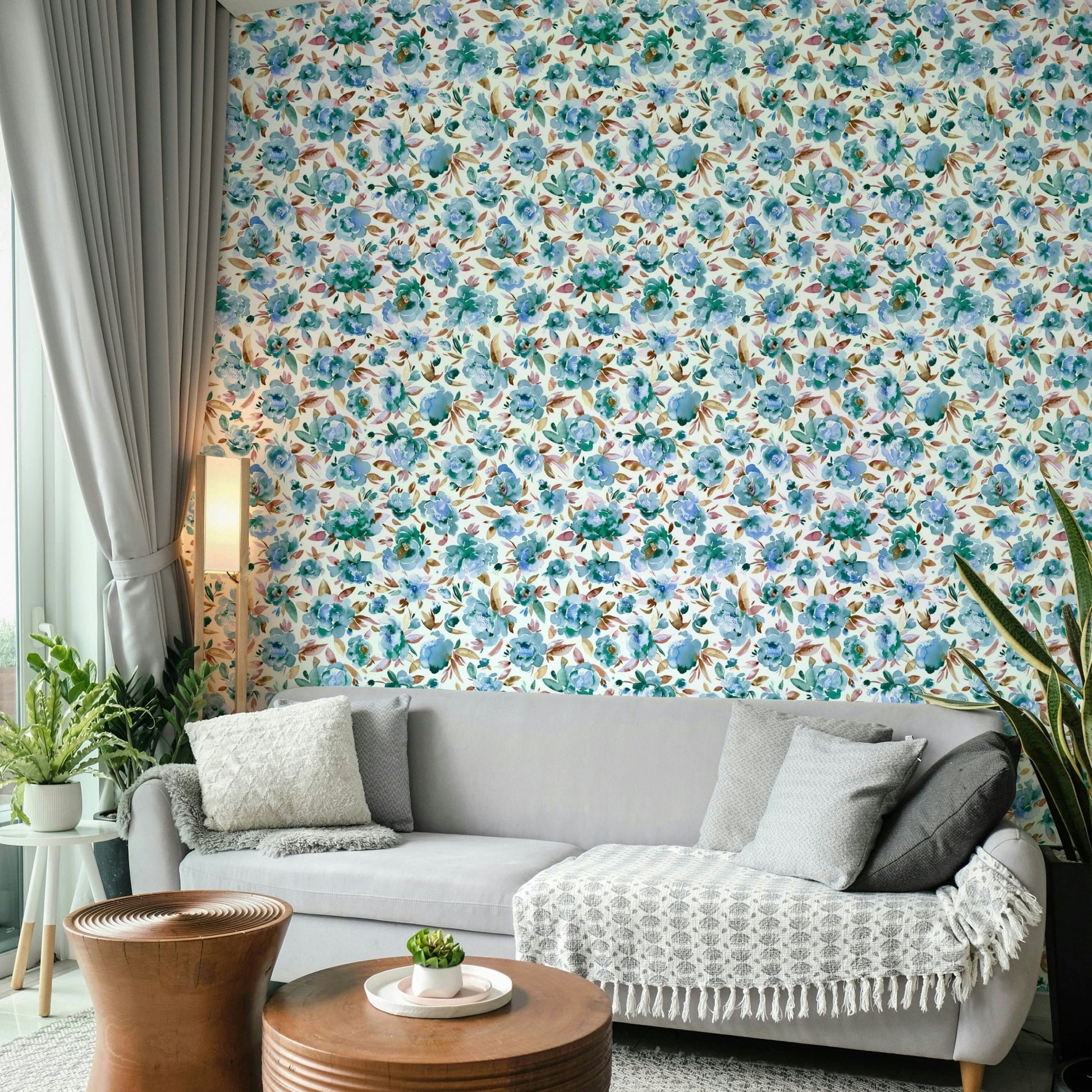 Soft blue floral mural wallpaper

