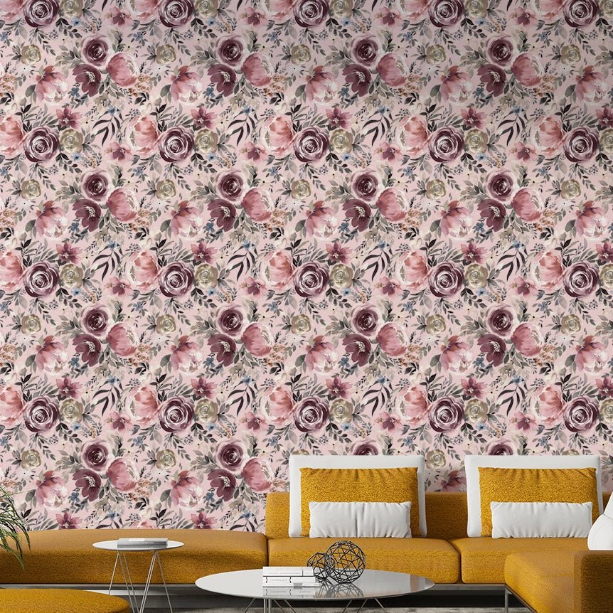 Soft pink floral wall mural, GD984