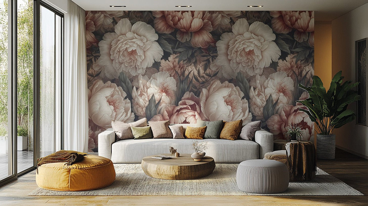 Peony Flower Wallpaper Mural in soft colors for living room C474