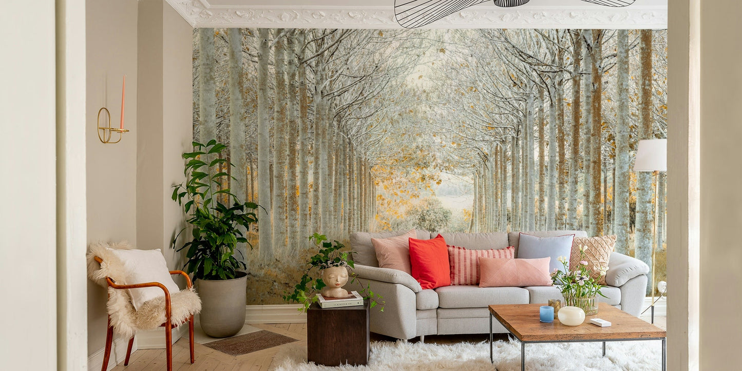 Nature-inspired aligned tree wall mural

