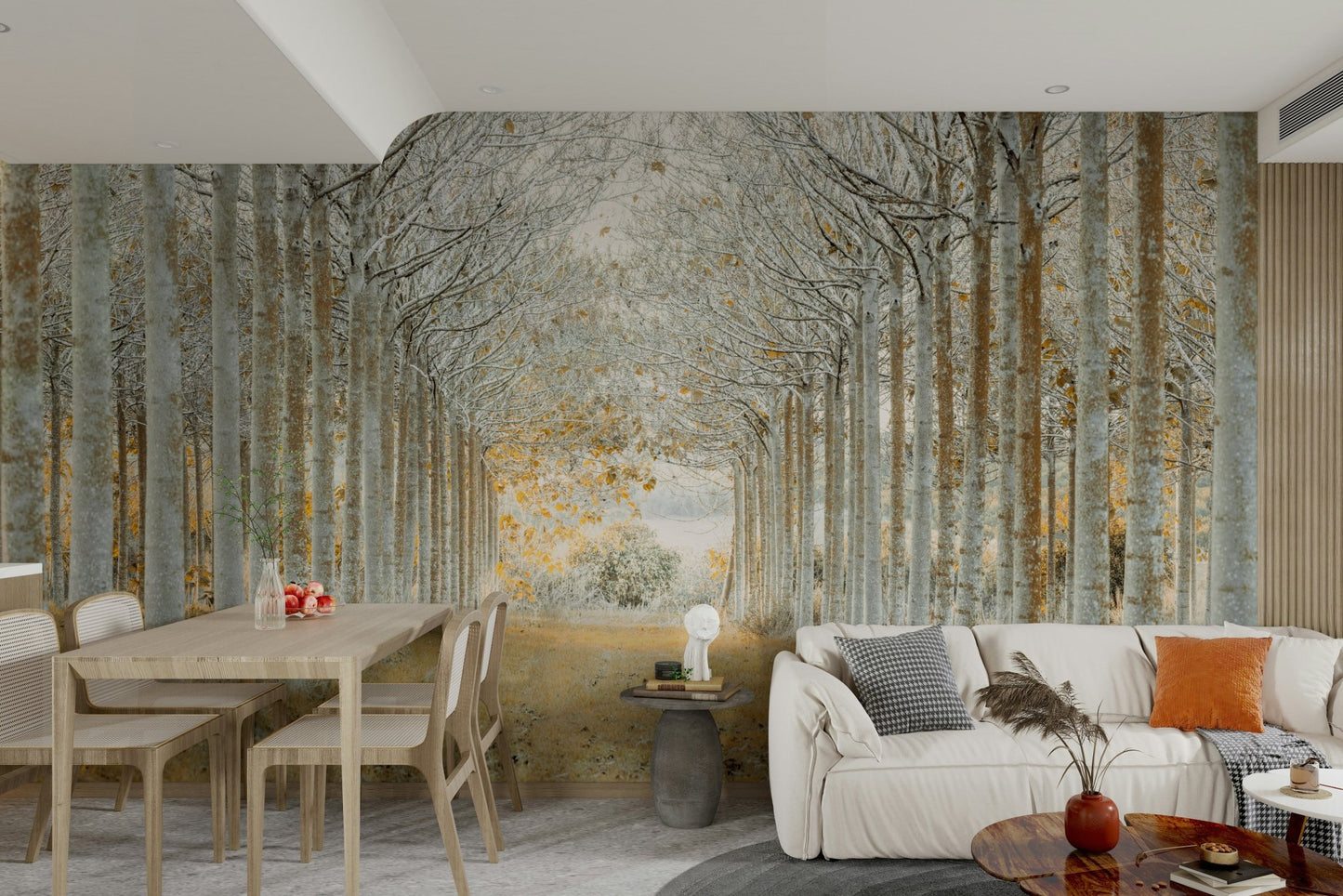 Forest mural with straight lined trees

