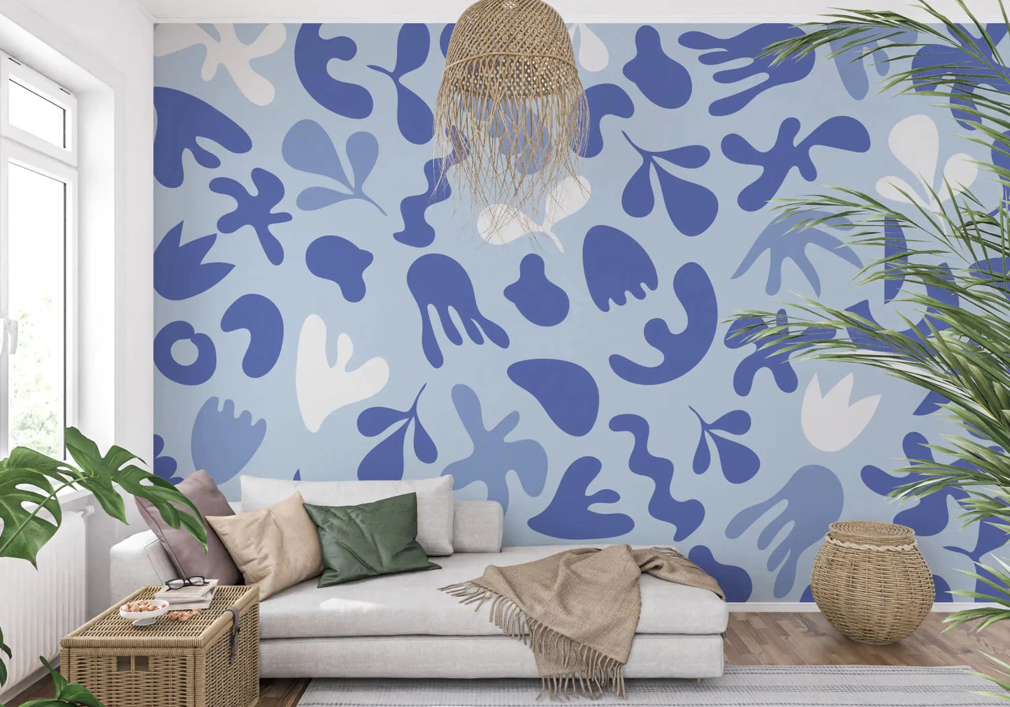 Airy cutout shapes define Cut Flow wall mural with blue detail