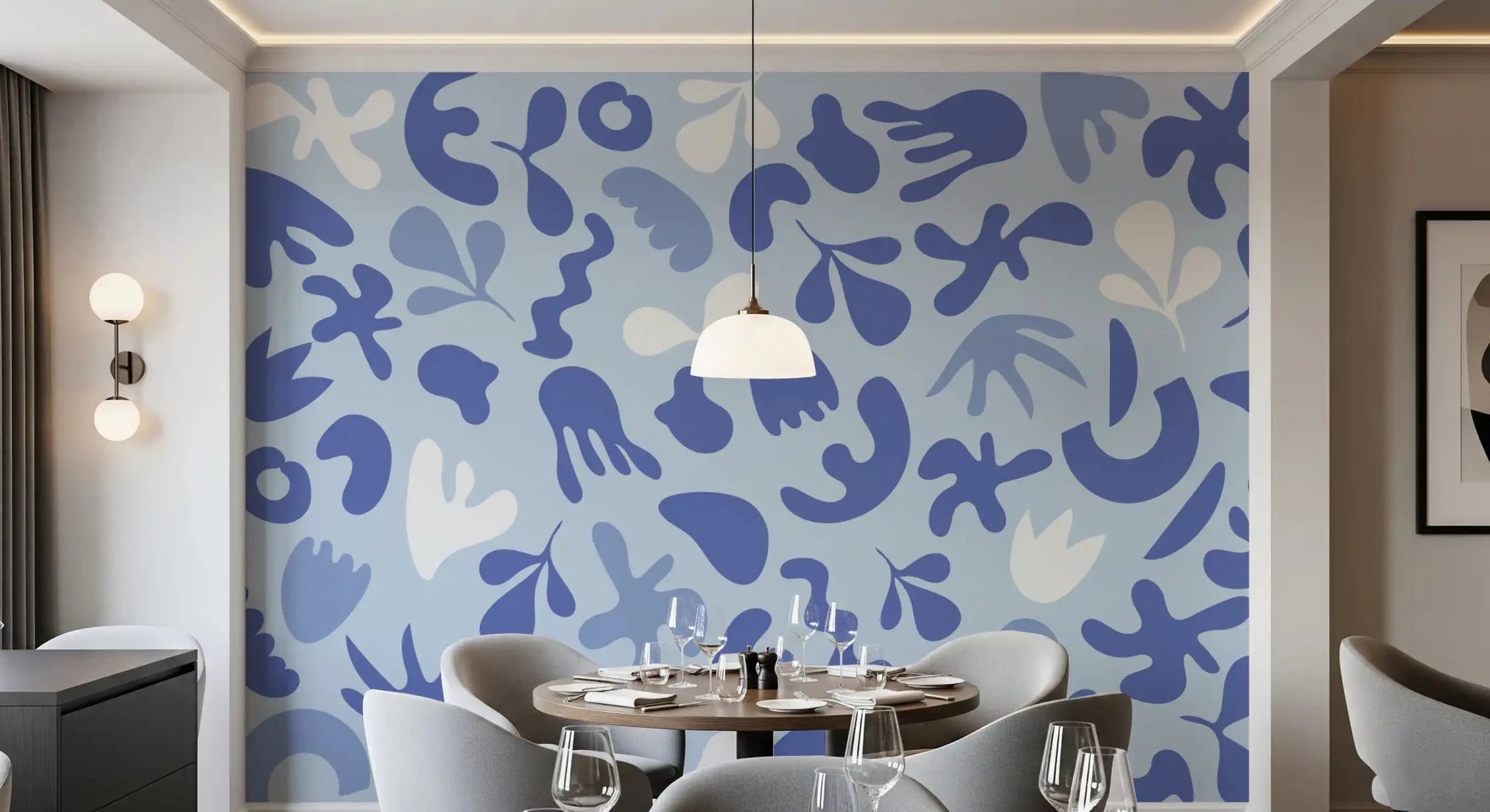 Dining room wall with Periwinkle Flow wall mural and calm movement