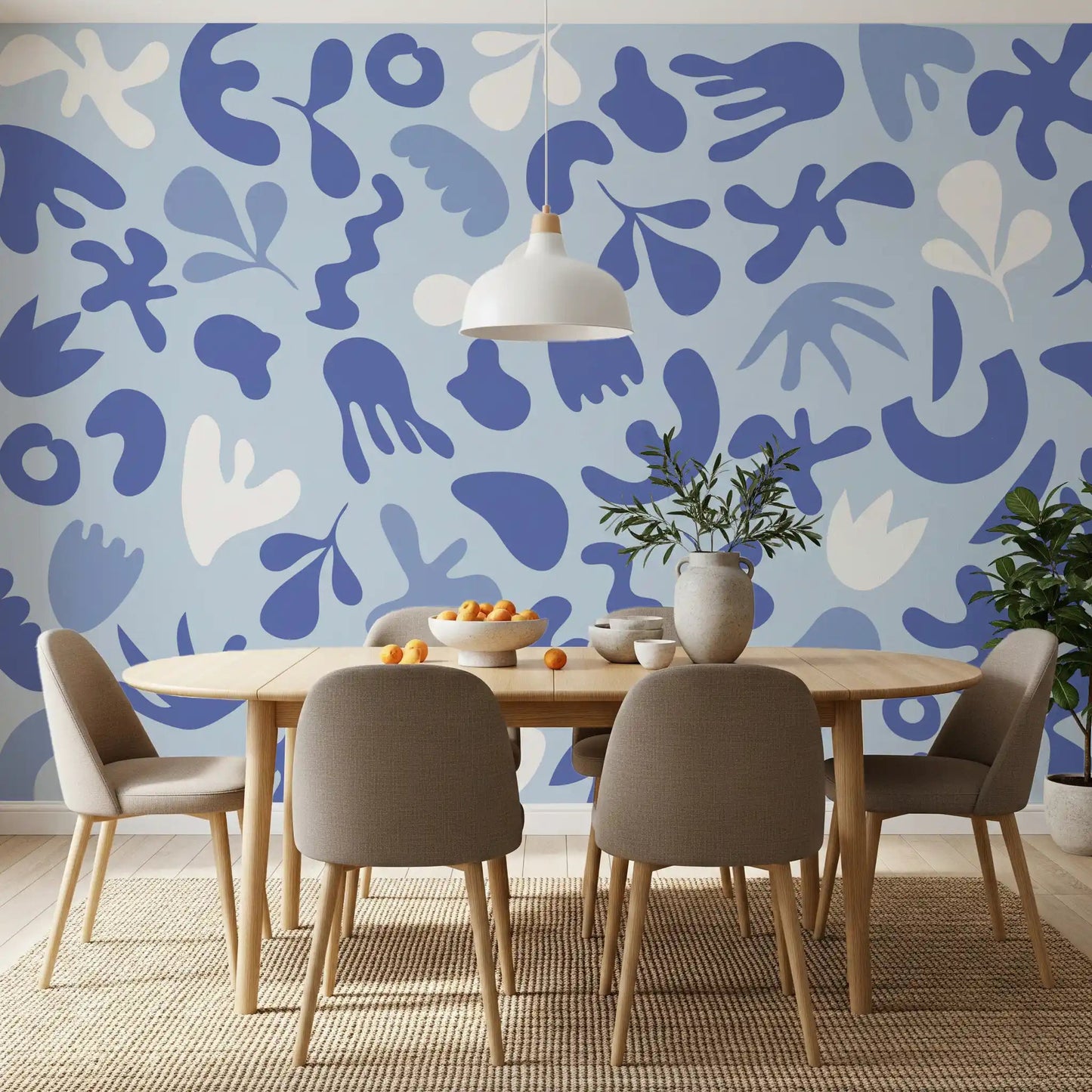Dining room with Periwinkle Cut Flow wall mural in soft blue tones