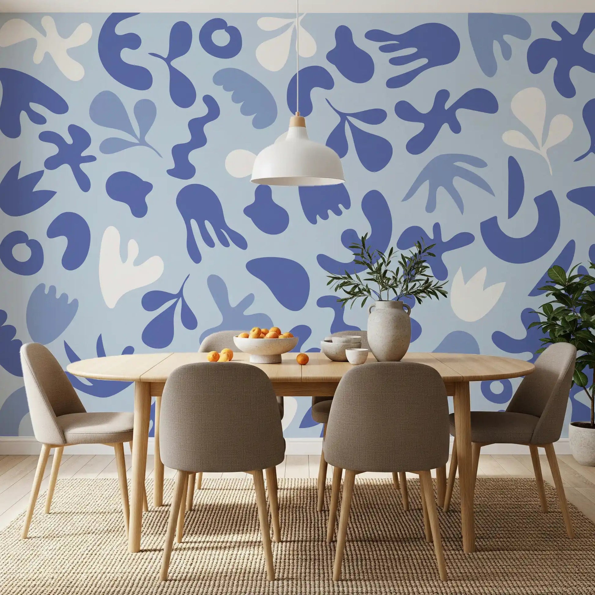 Dining room with Periwinkle Cut Flow wall mural in soft blue tones