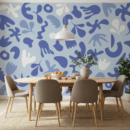 Dining room with Periwinkle Cut Flow wall mural in soft blue tones