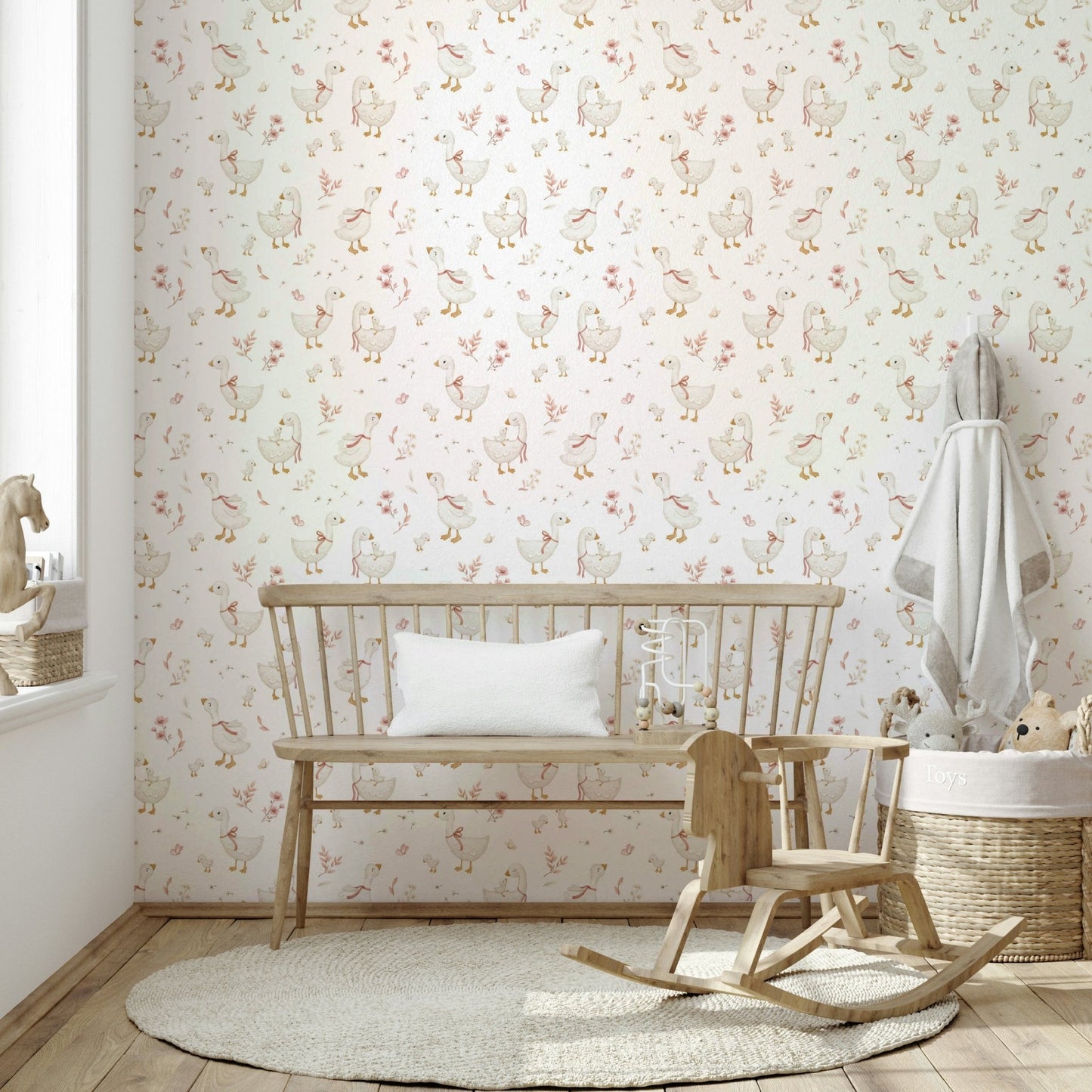 Playful geese wallpaper with floral details

