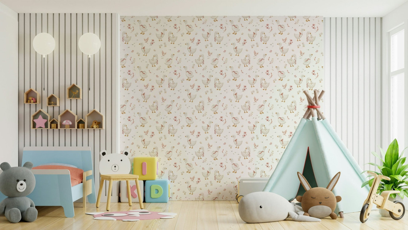 Baby geese and flowers in soft pastel design

